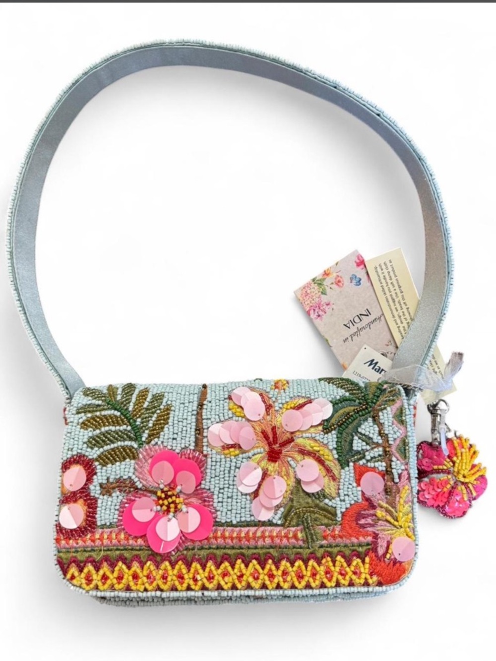 T.J.Maxx Light Blue Beaded Floral Shoulder Bag with Pink Accents
